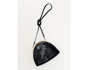 VINTAGE 70s Black Reptile Alligator Crocodile Snakeskin Print LEATHER Curved Structural Gold Hinge Clutch Crossbody Bag
