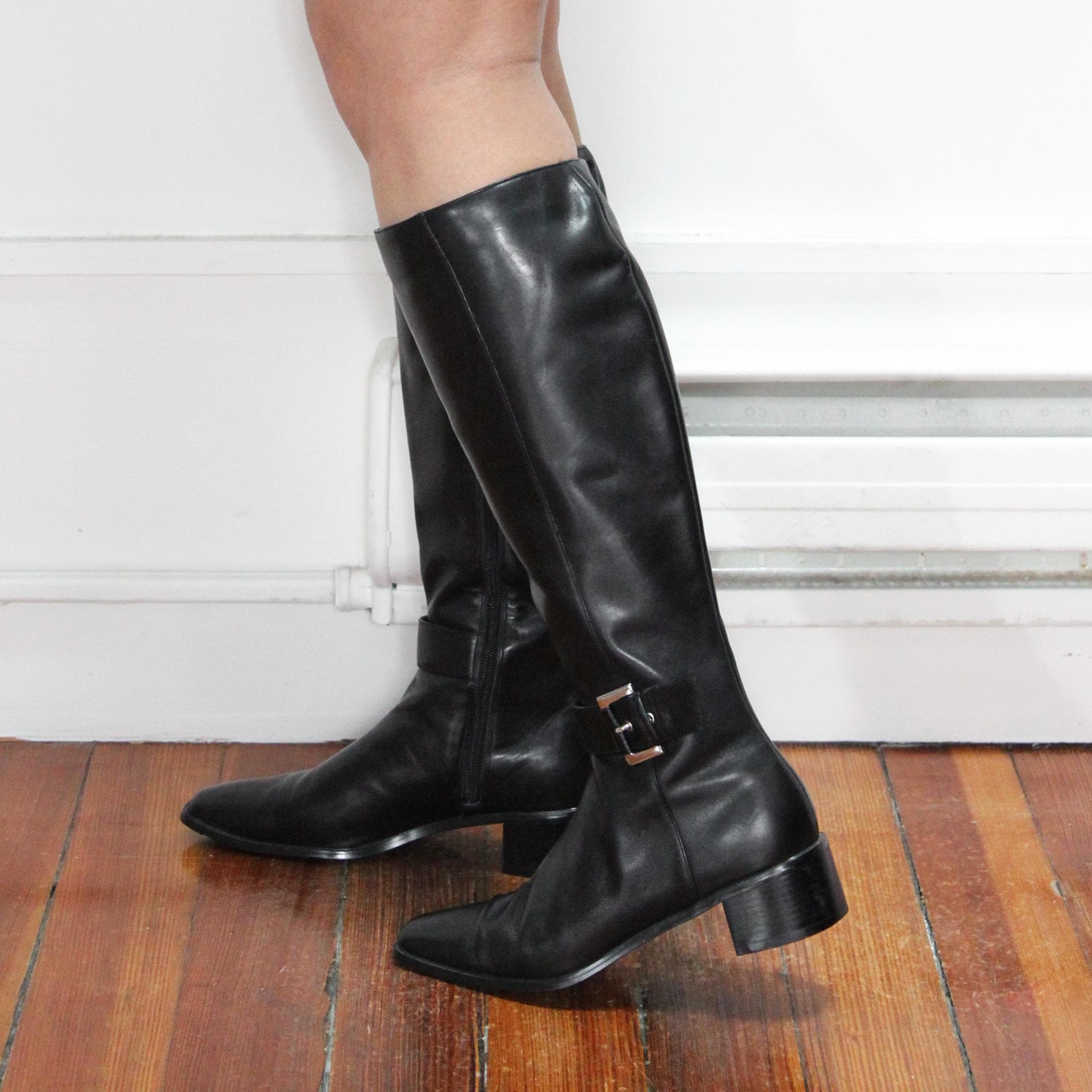 VINTAGE 90s Black Leather KNEE HIGH Silver Buckle Grommet Hardware