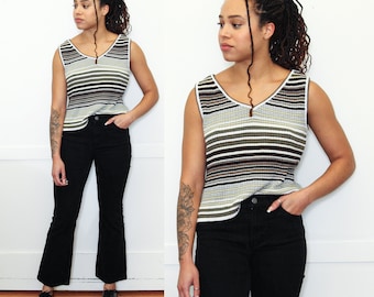 VINTAGE 90s Y2K Multicolored Brown White Green RIBBED Textured STRIPED Sleeveless Sweater Cotton Vest || Loose V-Neck M L