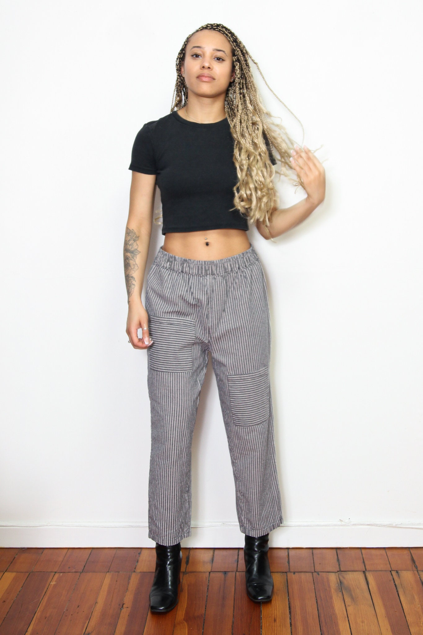 VINTAGE 2000s Y2K Gray White STRIPED Relaxed Casual Harem