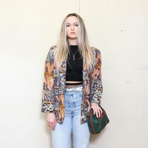 VINTAGE 80s Abstract ARTY Ikat Ethnic Tribal Print Hipster Streetstyle Streetwear Light Blazer Suit Jacket Size M