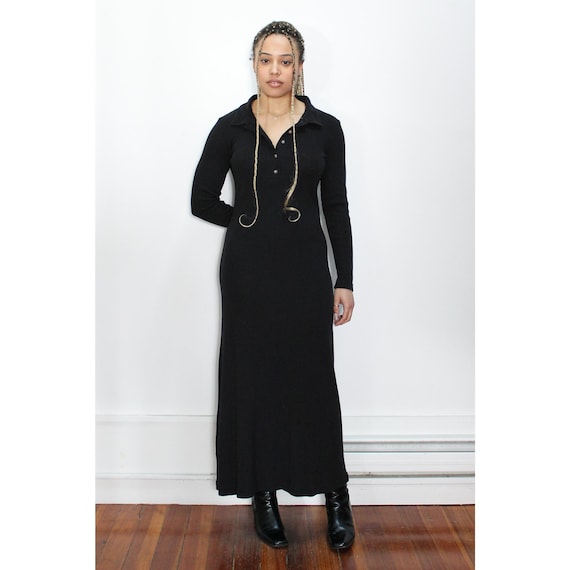 black ribbed maxi dress Black Ribbed Scoop Neck Plunge Long Sleeve Maxi Dress main image 0