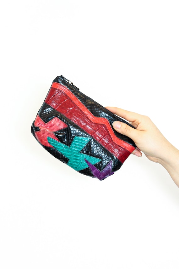 VINTAGE 80s Abstract Black Leather Colorful GEOME… - image 1