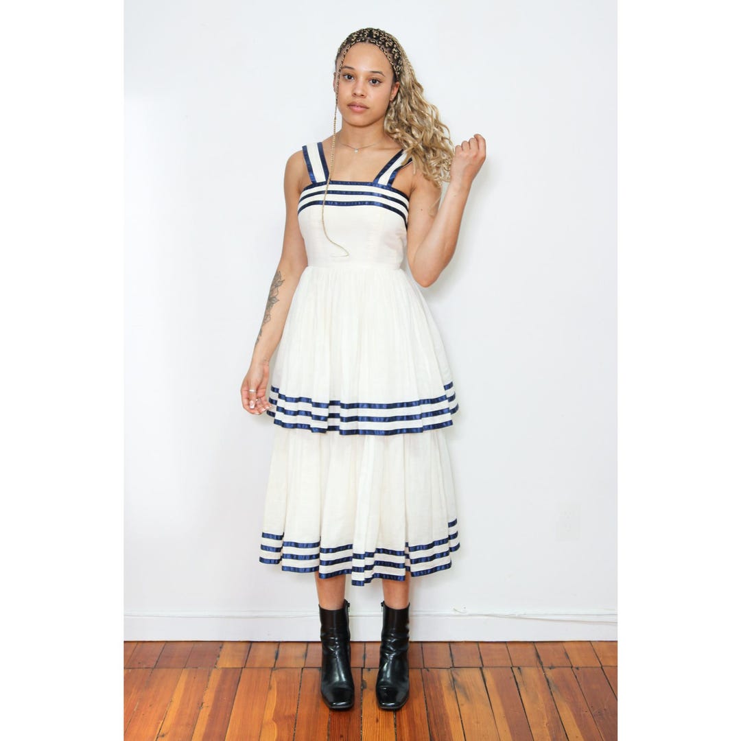 VINTAGE 60s 70s GORGEOUS White Navy Blue Nautical Ribbon Trim Voluminous Tiered Ruffle Sun Dress Handmade Sleeveless || XS - Etsy VINTAGE 60s 70s GORGEOUS White Navy Blue Nautical Ribbon Trim Voluminous Tiered Ruffle Sun Dress Handmade Sleeveless || XS - Etsy