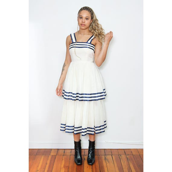 VINTAGE 60s 70s GORGEOUS White Navy Blue Nautical Ribbon Trim Voluminous  Tiered Ruffle Sun Dress Handmade Sleeveless || XS - Etsy