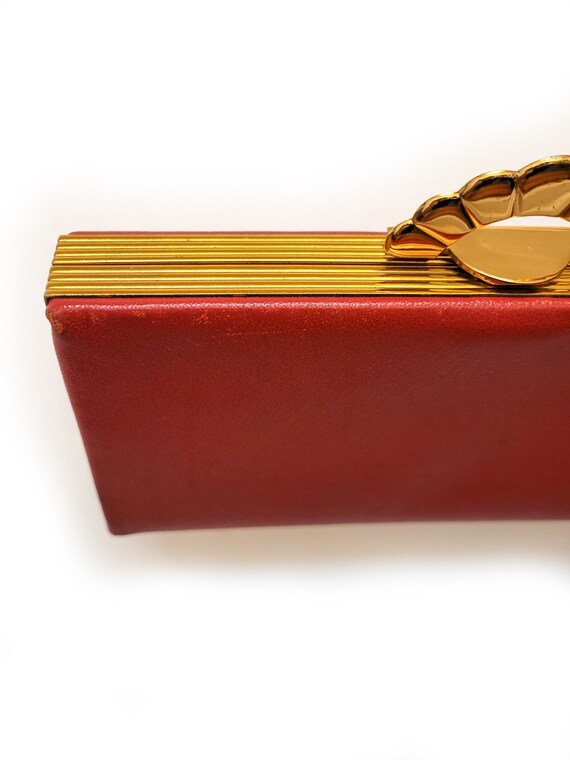 VINTAGE 70s Red Leather Wallet Clutch Metallic Go… - image 6