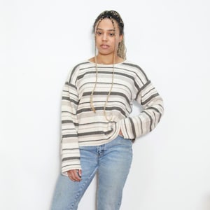 VINTAGE 90s Cotton Textured Woven Knit STRIPED Oversized Loose Fit Sweater || Skate Grunge Aesthetic Long Sleeve Size M