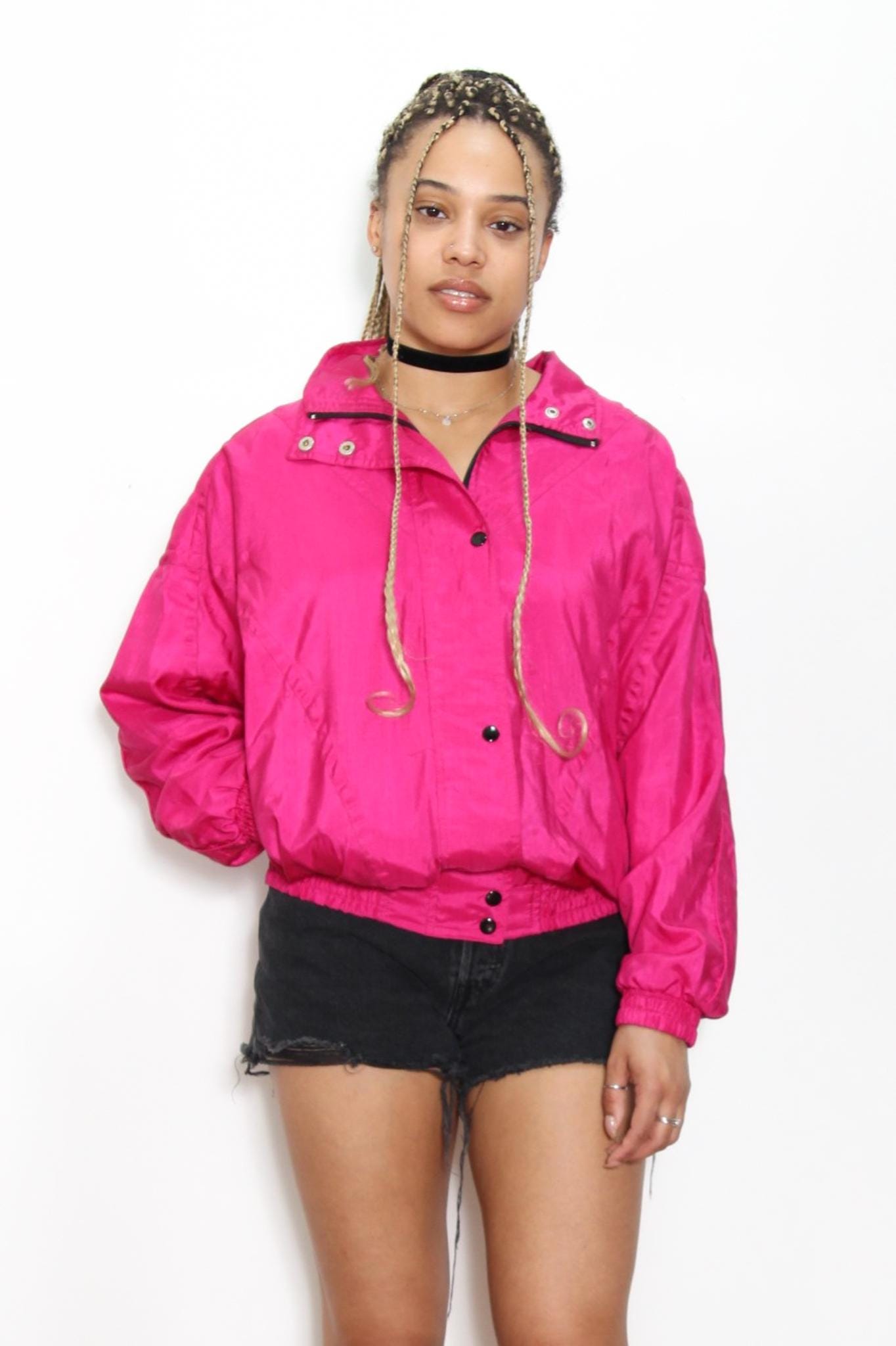 VINTAGE 80s NEON Magenta Hot PINK Zippered Button Casual