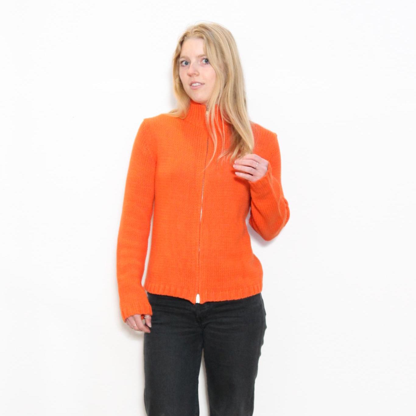 VINTAGE 90s 2000s Y2K Orange Chunky Knit Cotton Mix Zippered Zip