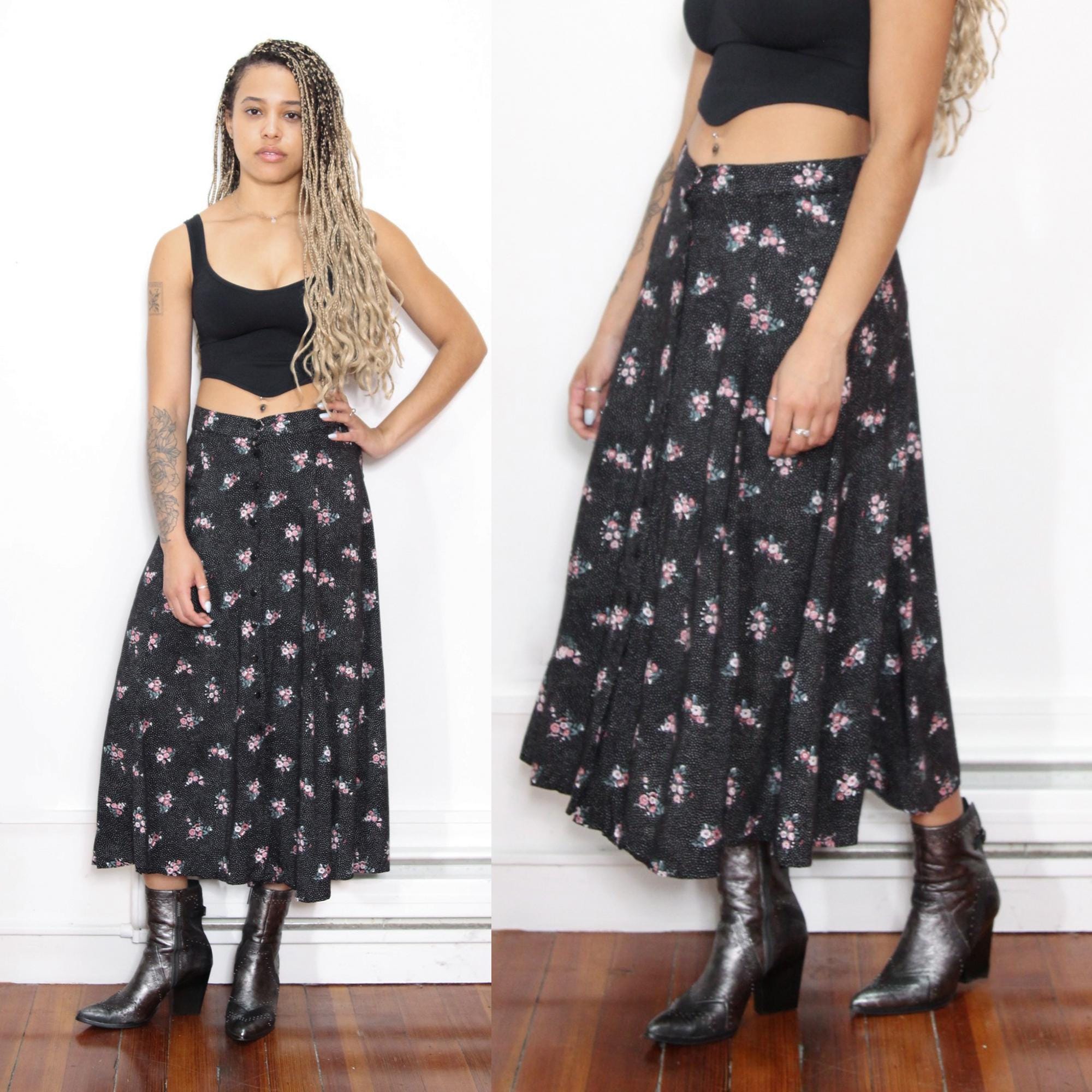 VINTAGE 90s Black Polka Dot Pink FLORAL Print Button up High