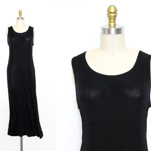 VINTAGE 90s Y2K Black Slinky Stretchy Simple Minimalist Sleeveless Grunge Goth Punk Witchy Emo Maxi Dress Size 12 S M L