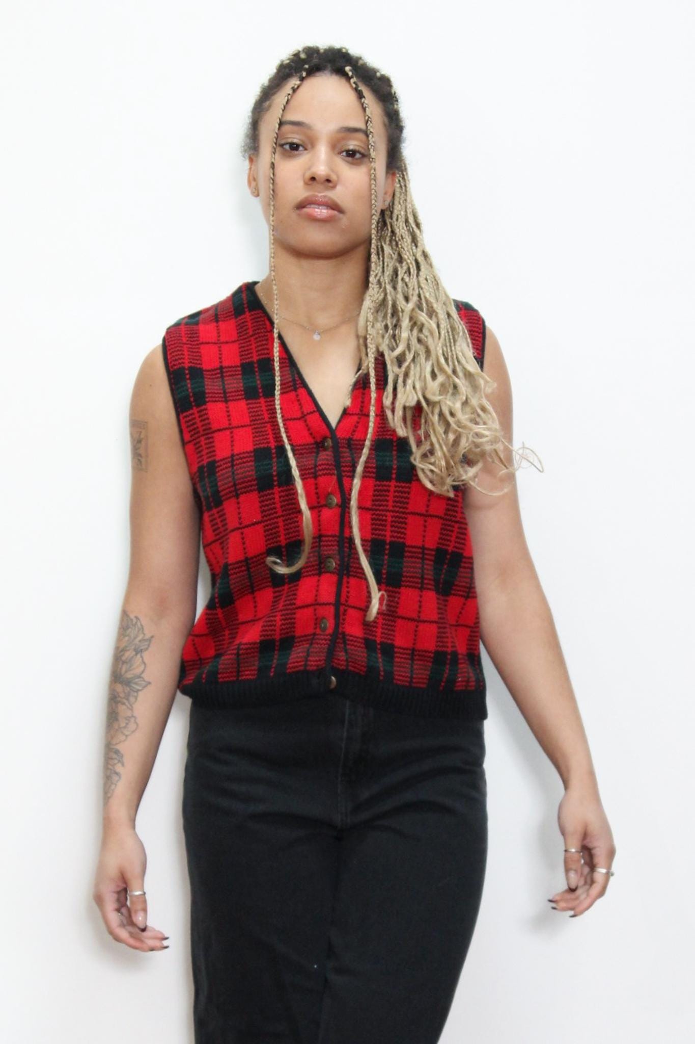 VINTAGE 80s 90s RED Black PLAID Flannel Tartan Ribbed Sleeveless