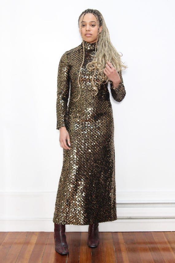 Vintage 70s Gold Black Heavily Sequinned Long Sleeve Mockneck Maxi Disco Party New Years Even Stretch Statement Dress || 8