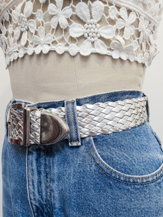 VINTAGE 80s 90s Silver Leather WOVEN Belt Simple … - image 4