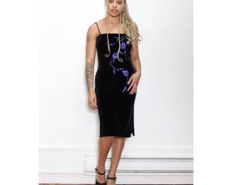 VINTAGE 90s Black PURPLE Floral EMBROIDERED Knee Length Velvet Sleeveless Grunge Stretch Dress || Size 6