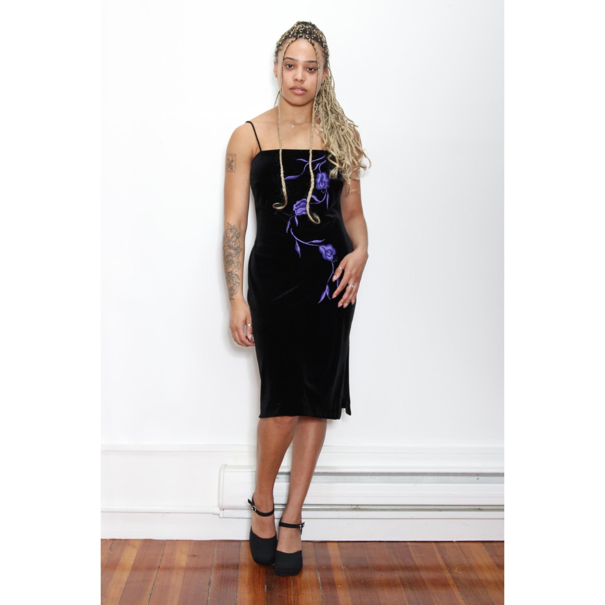 velvet dress 90s Vintage 90s Black Velvet Long Sleeve Maxi Dress, XS to Small
