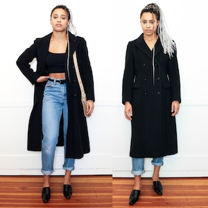 VINTAGE 70s Navy Blue Wool Double Breasted Military Pea Coat || Fitted A Line Princess Minimalist Chic || Size M