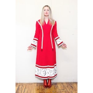 VINTAGE 70s Fashion Red White HIPPIE Boho Bohemian Festival Tapestry FOLK Peasant Embroidered Striped Heavy Flared Maxi Bell Lounge Dress sm image 1