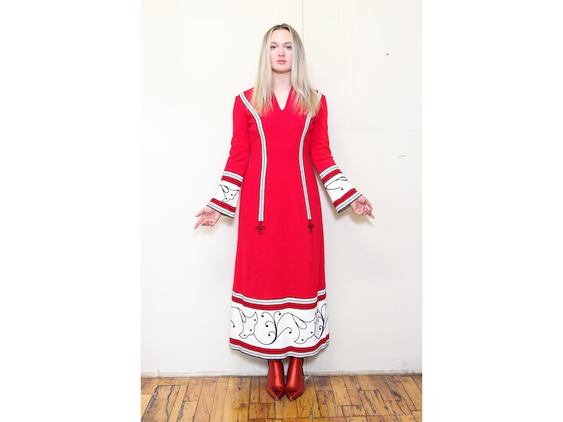 VINTAGE 70s Fashion Red White HIPPIE Boho Bohemian Festival Tapestry FOLK Peasant Embroidered Striped Heavy Flared Maxi Bell Lounge Dress sm image 1