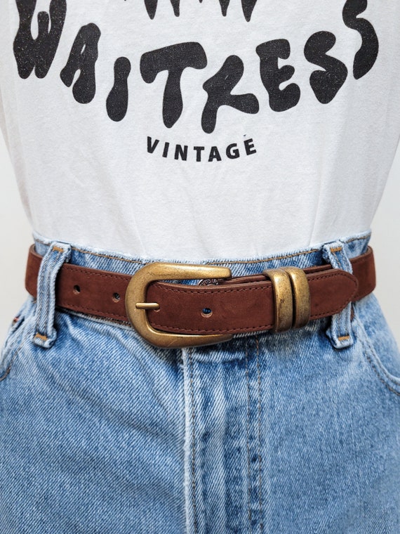 VINTAGE 80s 90s Dark Brown Leather Belt Brass Buc… - image 4