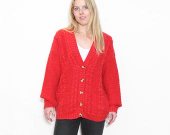 Vintage Red Cable Knit Cardigan, Late 60s–70s Sweater, Textured 
