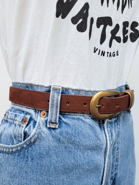 VINTAGE 80s 90s Dark Brown Leather Belt Brass Buc… - image 3