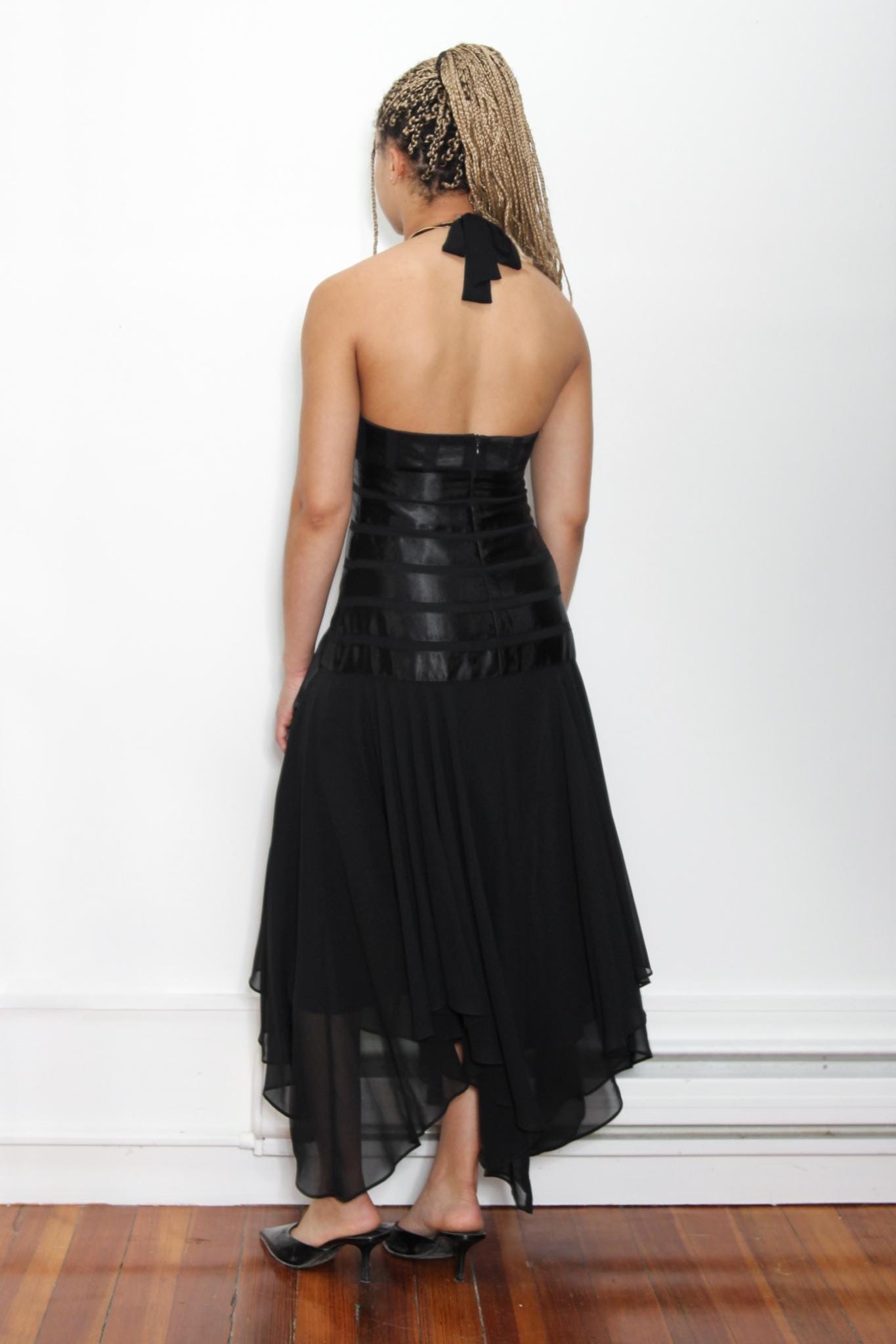Vintage 90s Polka Dot Chiffon Midi Asymmetric Dress in Black