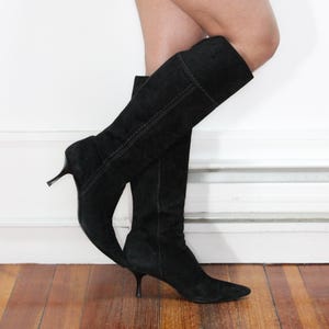 VINTAGE Cole Haan Y2K Black SUEDE Leather Knee High Tall Embroidered Pointy Toe Stiletto High Heel Sexy Boots || Size 11 B