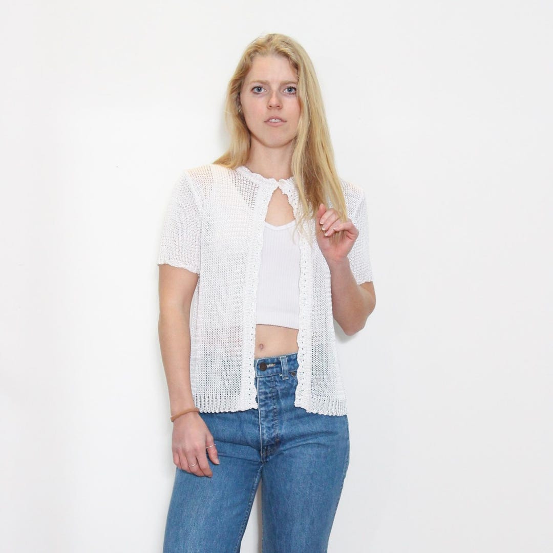 VINTAGE 90s Y2K White CROCHET Sheer Scallop Trim Short Sleeve