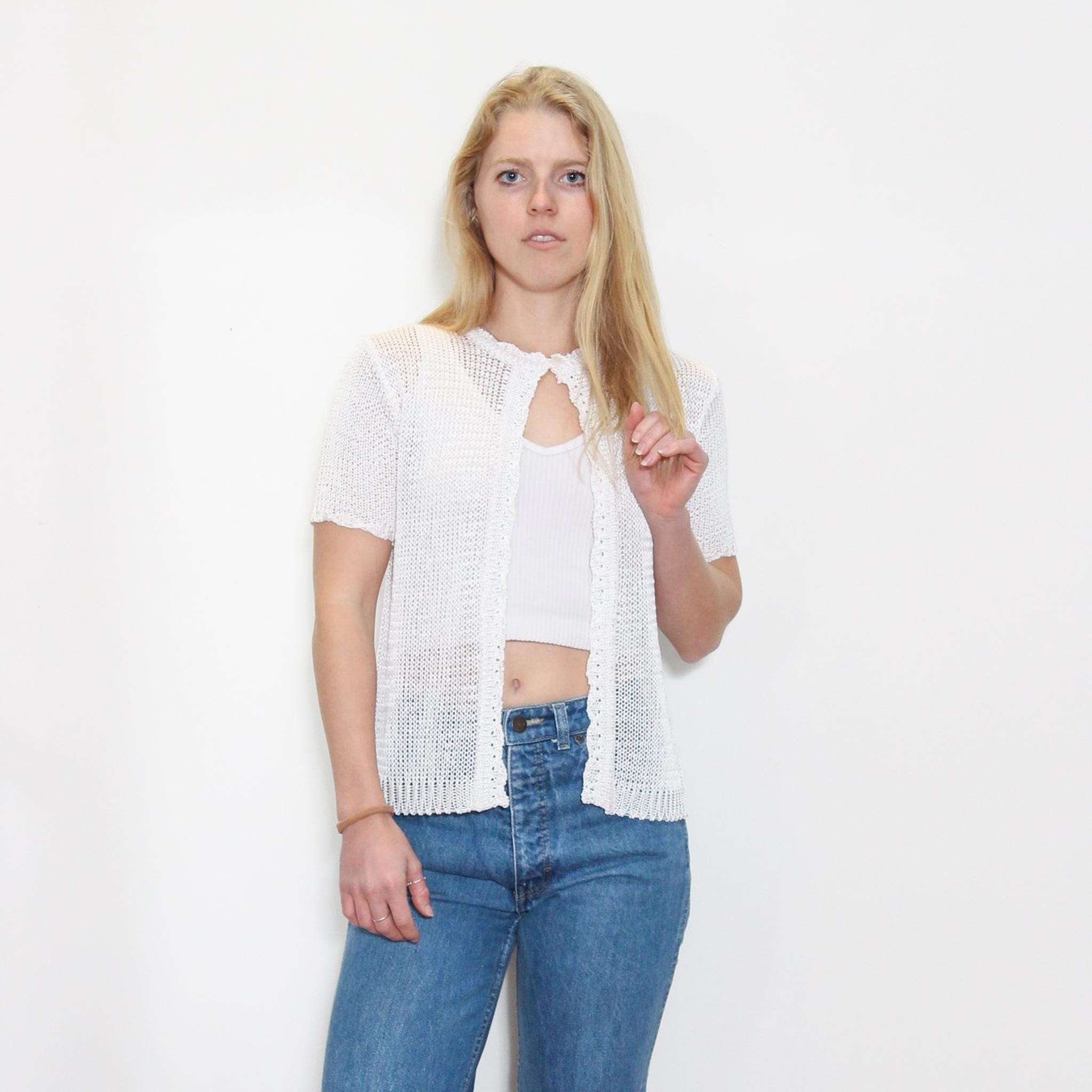 VINTAGE 90s Y2K White CROCHET Sheer Scallop Trim Short Sleeve