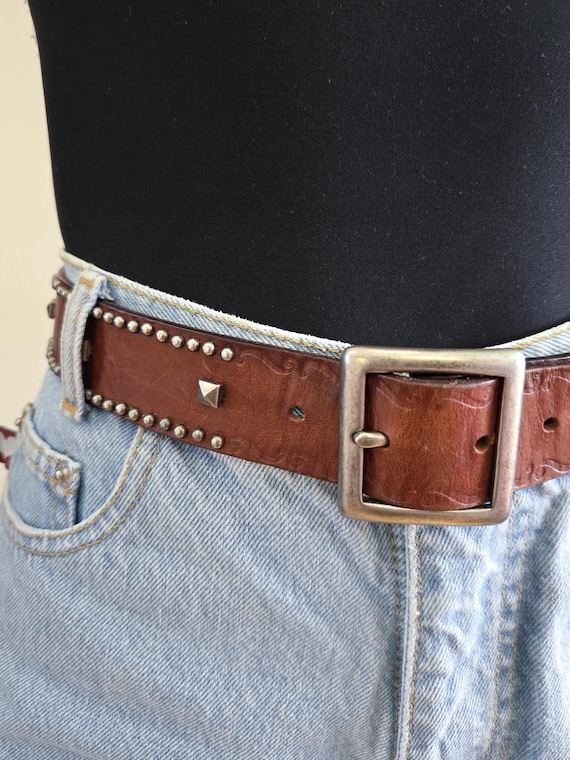 Vintage 90s M/L BoHo Hippy Brown Woven Distressed Faux Leather Studded Buckl… vintage boho leather belt products for sale | eBay main image 4