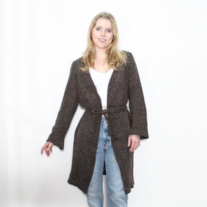 VINTAGE 90s Brown Speckled WOOL Mix Rabbit Button Up Belted Long Slit Cardigan Jacket Knit Sweater Minimalism || Size 12