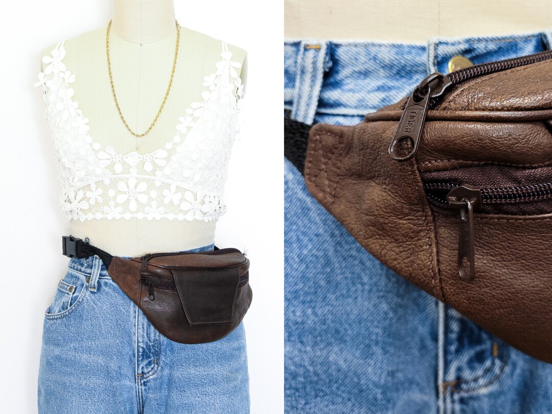 VINTAGE 80s 90s Brown Leather Waist Belt Clip FANNY PACK Etsy