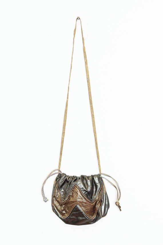 VINTAGE 80s Bronze Gold Leather DRAWSTRING Unique Abstract