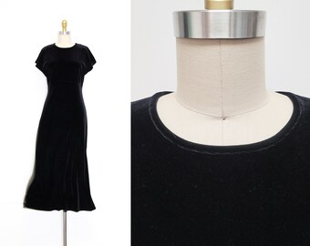 VINTAGE 80s 90s Simple Black Velvet Minimalist Normcore Grunge Goth Witchy Maxi Dress Short Cap Sleeves Stretchy Size 6 S M