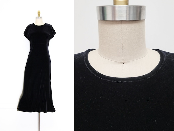 VINTAGE 90s Black Velvet Minimalist Goth Witchy Maxi Dress Cap Sleeves Stretchy 6 S M