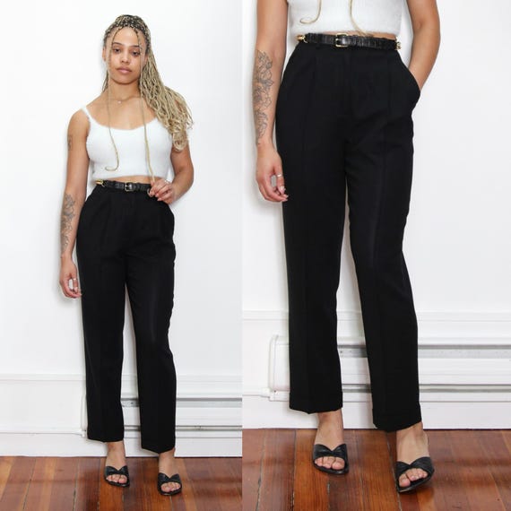 VINTAGE 90s Black DKNY Pure WOOL Crepe High Waist Pleated