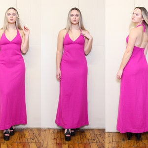 VINTAGE 60s 70s Magenta Pink Striped HALTER TOP Exposed Back Bowtie Sweetheart Neckline Wrap Style Flared Maxi Dress S M