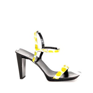 VINTAGE 90s 2000s BCBG Y2K High Heel Leather Neon Green Yellow ARTSY Abstract Polka Dot Strappy Stiletto Square Toe 7 B