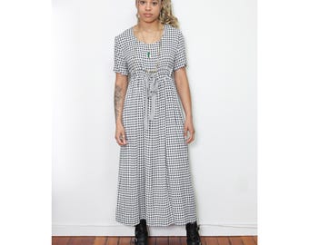 VINTAGE 90er Jahre Navy Blau & Weiß kariertes GINGHAM kariertes Maxi Kleid Empire Kordelzug || Cottagecore größe 10 M