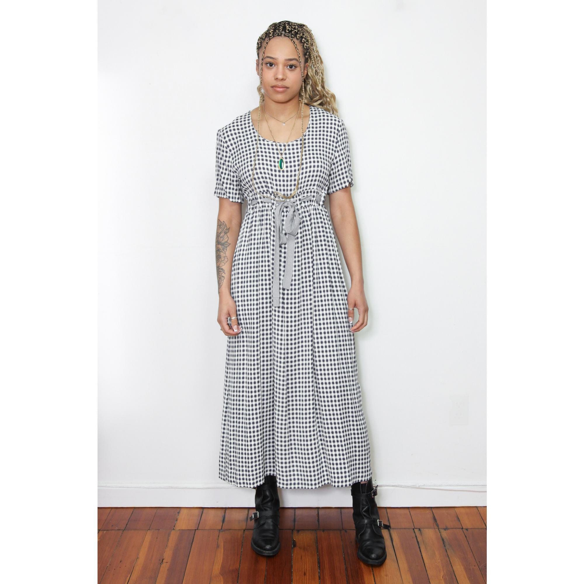 VINTAGE 90s Navy Blue & White Checkered GINGHAM Plaid Maxi Dress Empire Drawstring Waist || Cottagecore Size 10 M