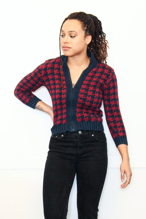 VINTAGE 90s Red Navy Blue Large HOUNDSTOOTH Print… - image 4