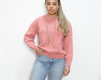 VINTAGE 90s Lands End MAUVE PINK Czysta bawełna, sweter z okrągłym dekoltem, prosty, gruby sweter || Minimalistyczna garderoba kapsułowa M