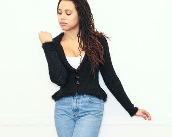 VINTAGE 80s Rare HANDKNIT Tailored One-Of-A-Kind Black Peplum Arlin Designer Tuxedo Boucle Silk Blend Suit Jacket || S M