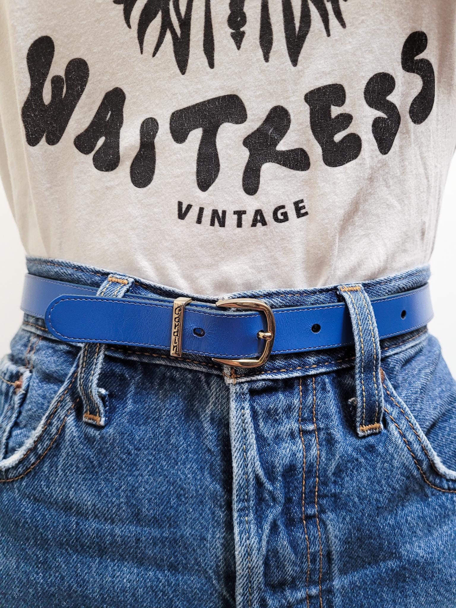 Vintage Pierre Cardin Navy Blue Leather Minimalist Belt Size M/L VINTAGE 80s 90s Blue PIERRE CARDIN Skinny Leather Belt Gold  main image 4