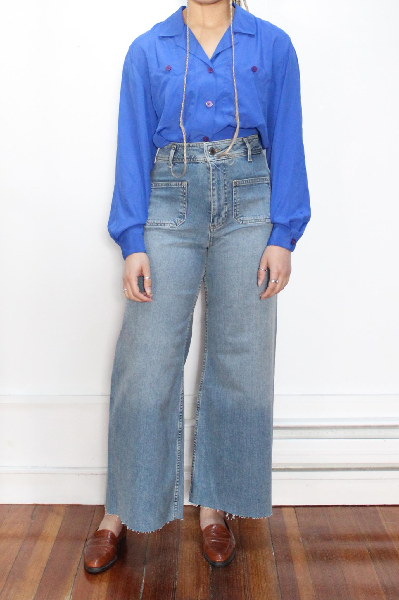 VINTAGE 80s 90s CHRISTIAN DIOR Blue Button up Flowy Chic Academia