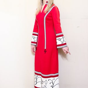 VINTAGE 70s Fashion Red White HIPPIE Boho Bohemian Festival Tapestry FOLK Peasant Embroidered Striped Heavy Flared Maxi Bell Lounge Dress sm image 7