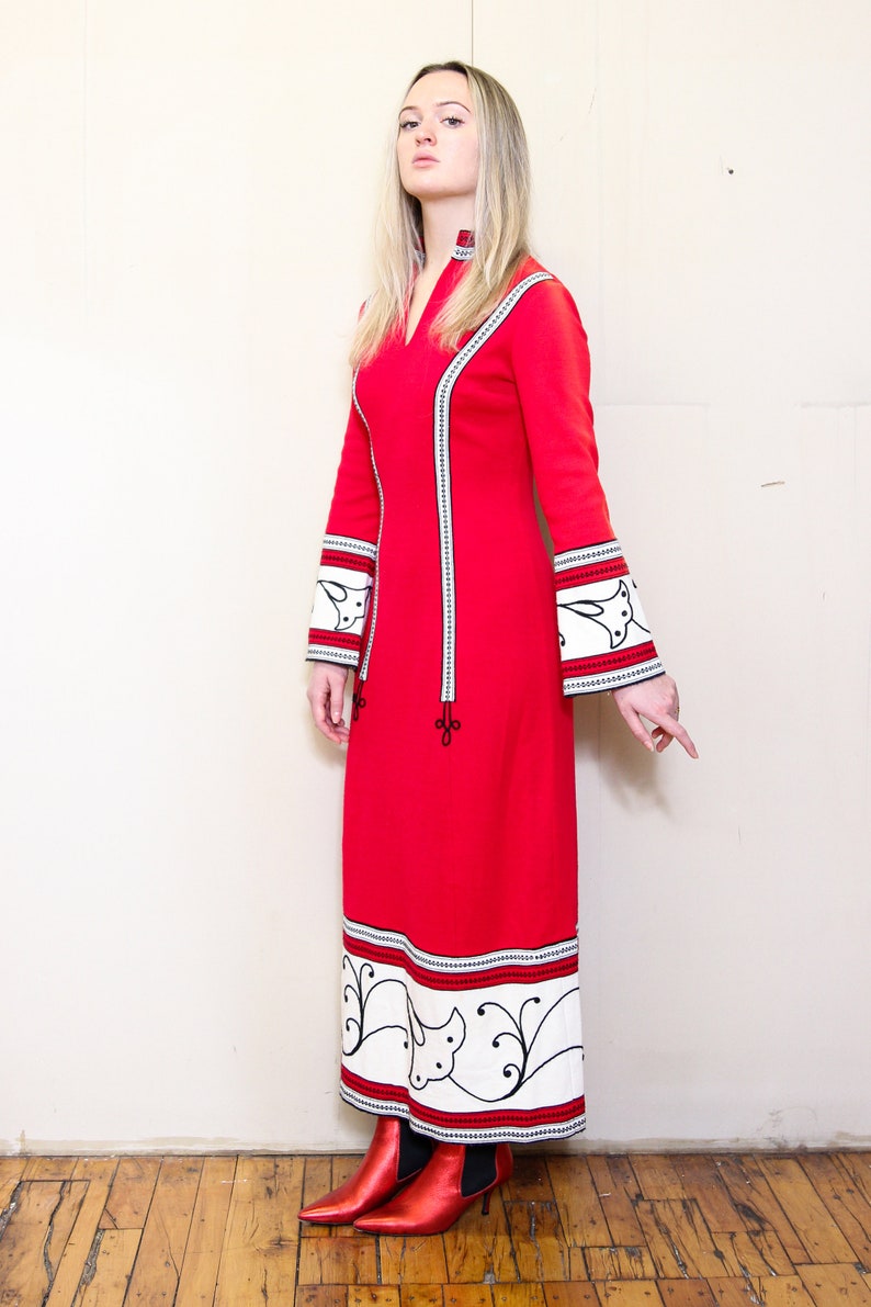 VINTAGE 70s Fashion Red White HIPPIE Boho Bohemian Festival Tapestry FOLK Peasant Embroidered Striped Heavy Flared Maxi Bell Lounge Dress sm image 7