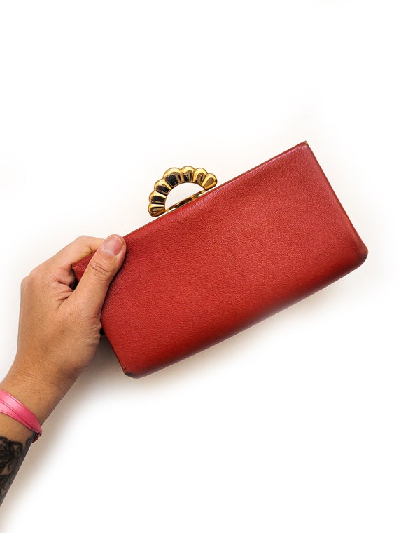 VINTAGE 70s Red Leather Wallet Clutch Metallic Go… - image 4