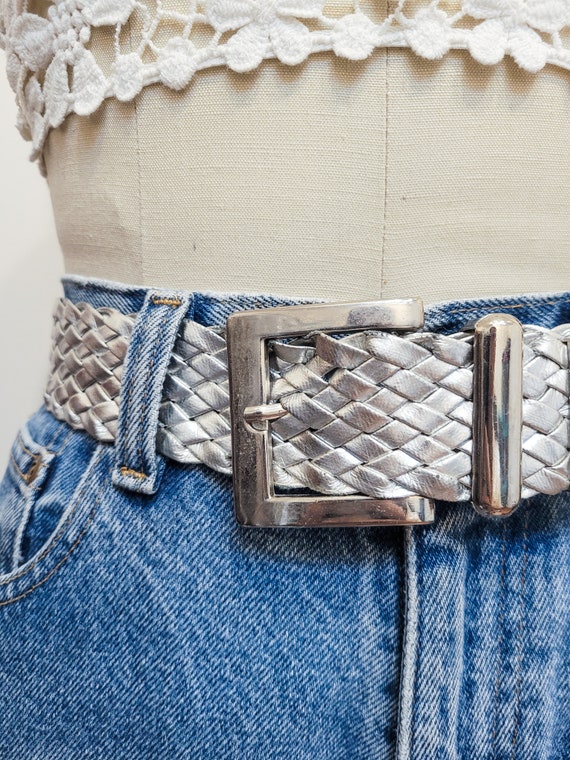 VINTAGE 80s 90s Silver Leather WOVEN Belt Simple … - image 2